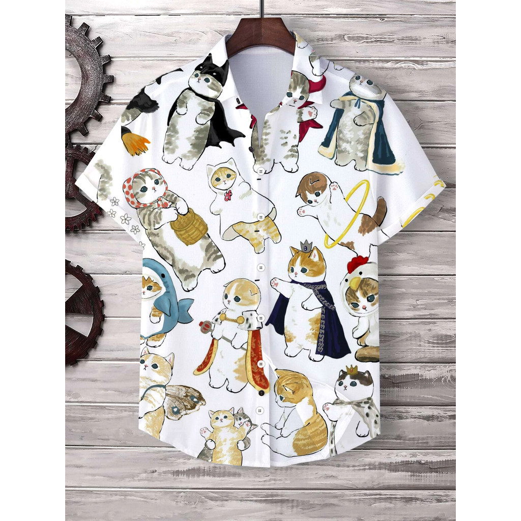 เสื้อเชิ้ตแขนสั้นลําลอง คอปก พิมพ์ลายการ์ตูนแมว 3 มิติ ขนาดใหญ่ สไตล์ฮาวาย สําหรับผู้ชาย และผู้หญิง ราคา ถูกที่สุด ดีลบีเคเค รูปภาพหลัก