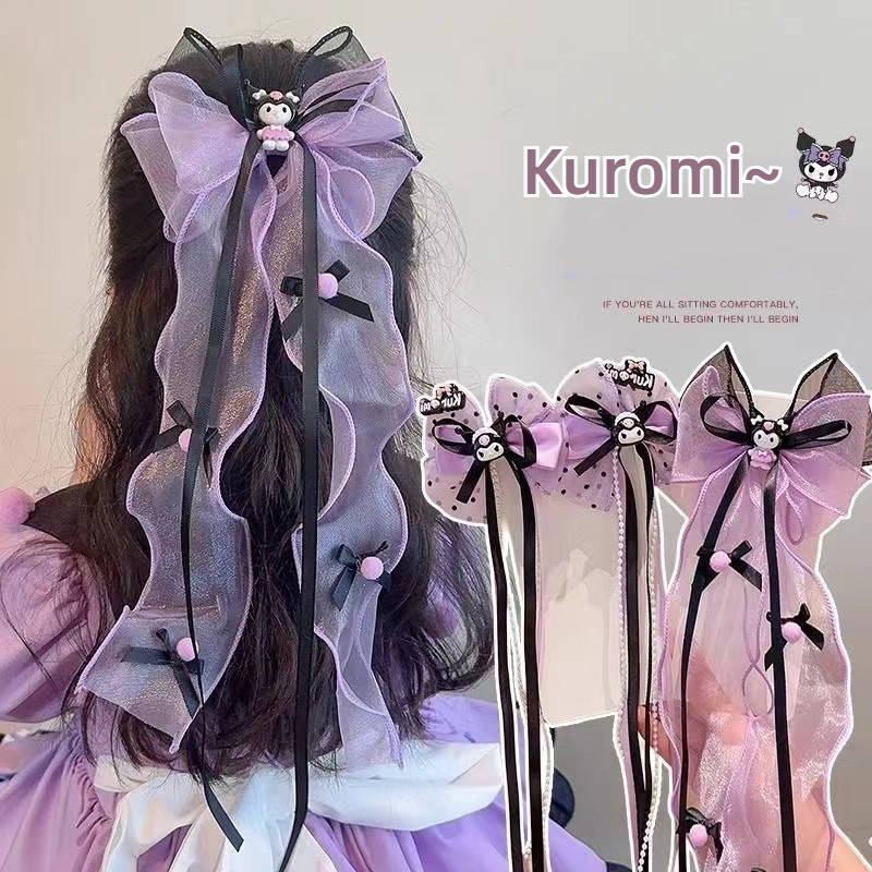 กิ๊บติดผม Kuromi สีม่วงสาว Melody Cinnamoroll Hairpin น่ารักริบบิ้นโบว์พู่ Hairpin เด็กทารกอุปกรณ์เสริมผม