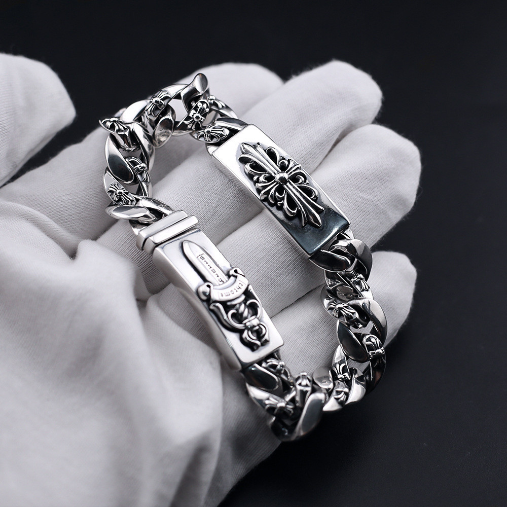 CH♥  สร้อยข้อมือเงิน 925 จี้รูปหัวใจ โครเมี่ยม สไตล์พังก์ อเมริกัน สองด้าน สําหรับผู้ชาย