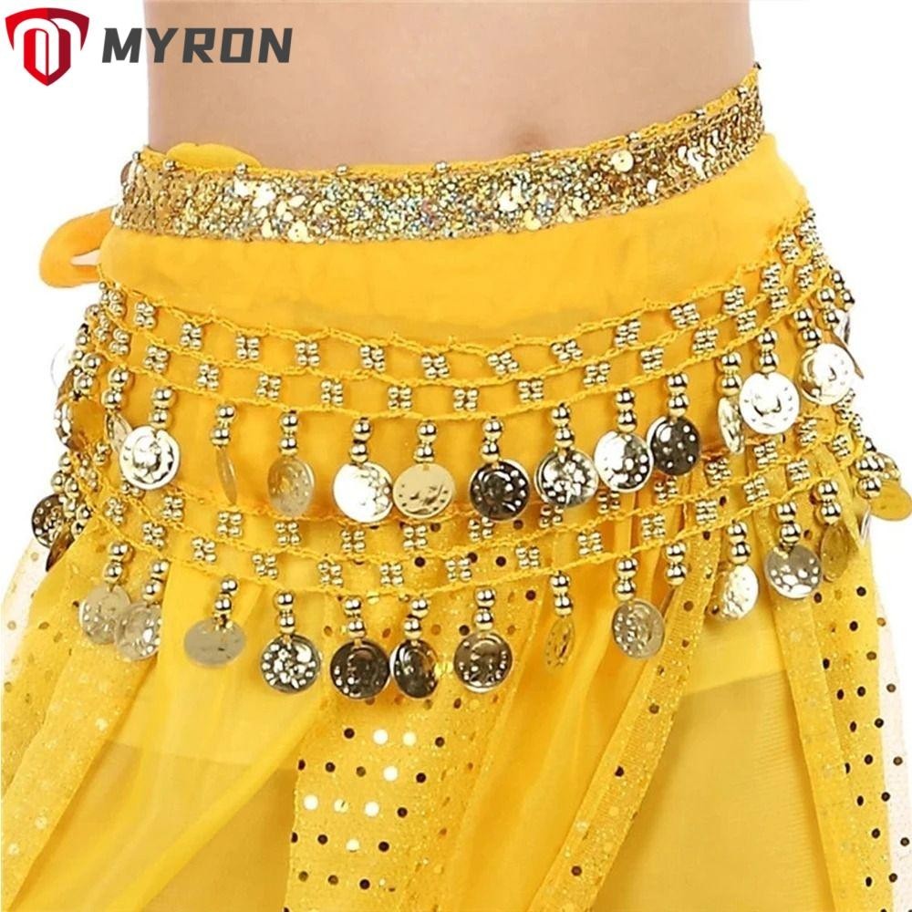 Myron สายโซ่คาดเอว ประดับเหรียญโลหะ ผ้าชีฟอง สไตล์อินเดีย สําหรับเต้นรําหน้าท้อง ผ้าพันคอเด็ก