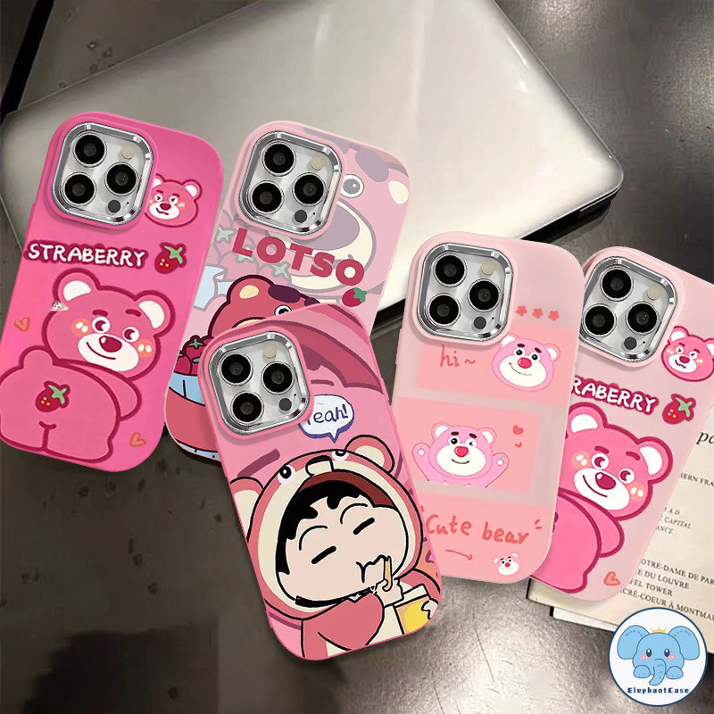 น่ารักล็อตโต้สตรอเบอร์รี่หมีดินสอสี Shinshin คู่ลูกอมสีหรูหราเงาปก iPhone 11 15 13 XR 14 12 Pro Max 7 8 Plus X XS Max