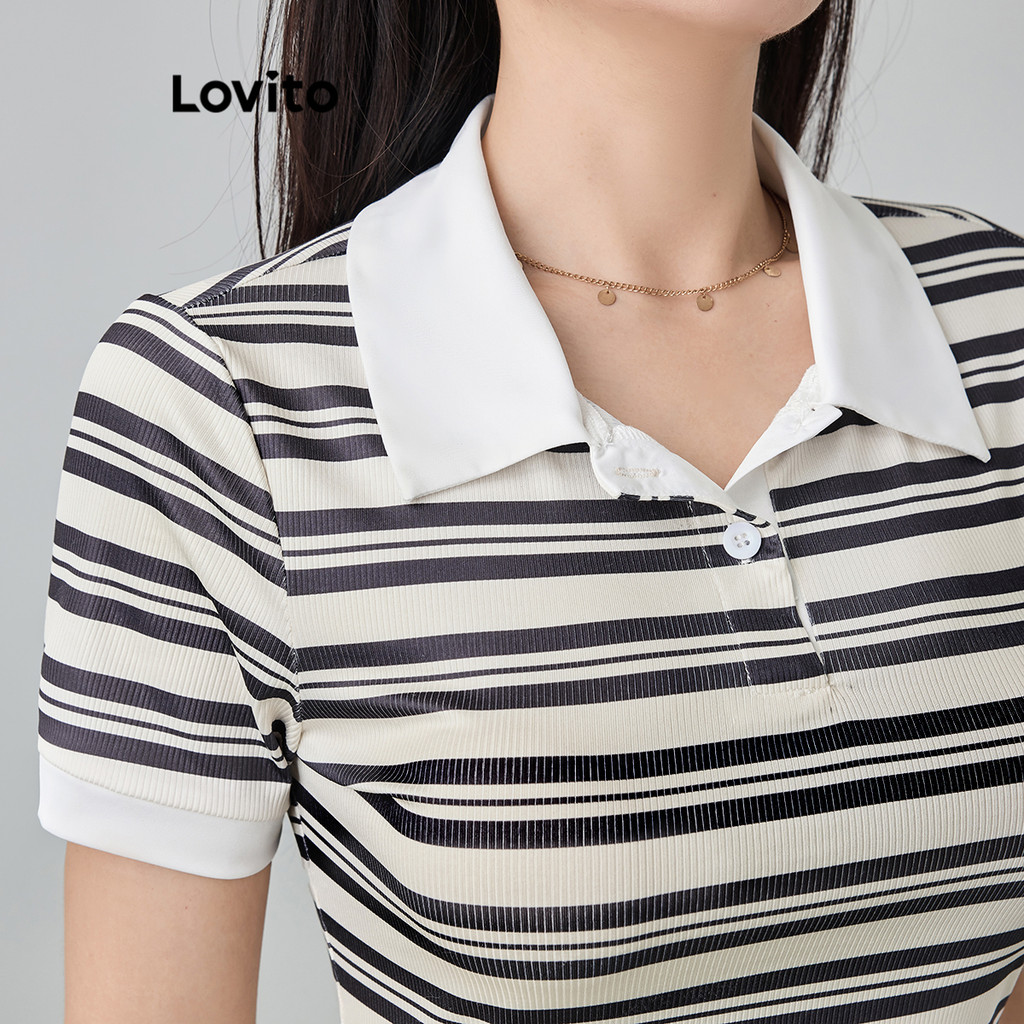 Lovito เสื้อยืดลําลอง บล็อกสี ลายทาง สําหรับผู้หญิง L113MD235