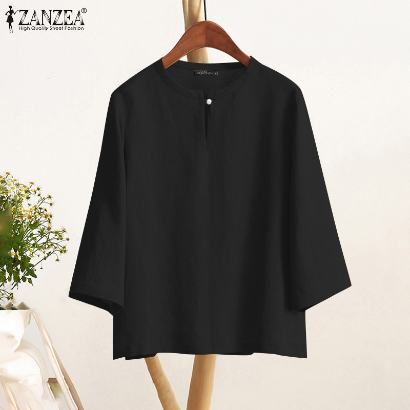 Zanzea เสื้อเบลาส์ปุ่มแขนสามส่วนสีทึบเกาหลีสําหรับผู้หญิง - รูปที่ 5