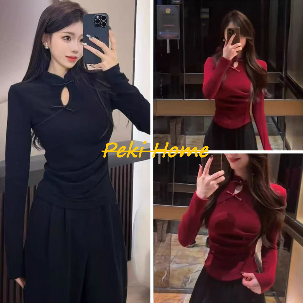 เสื้อผ้าผู้หญิงสไตล์จีนคอจีนสีแดง สำหรับฤดูใบไม้ร่วง-ฤดูหนาว