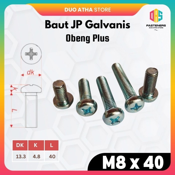 JP M8x40 สลักเกลียวชุบสังกะสี - หัวกระทะ JP 8x40 - ไขควง JP M8 x 40 Plus