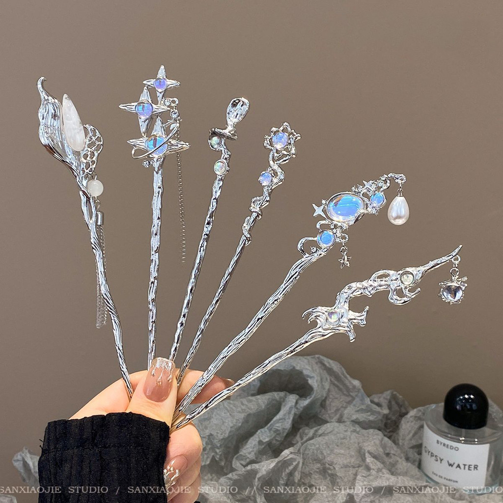 High-end Starry Sky Moonstone พู่ Hairpin สไตล์จีนเรียบง่ายเครื่องประดับผมอารมณ์