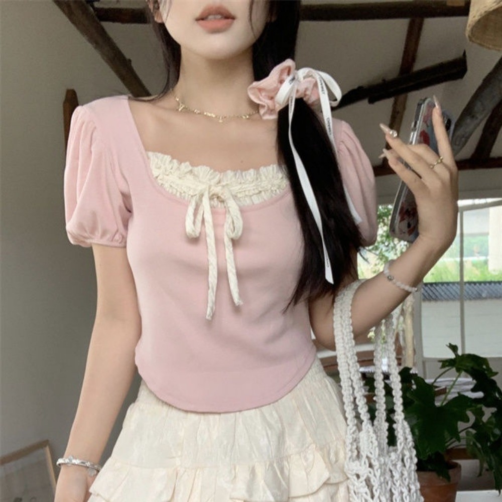 (จัดส่งจากประเทศไทย) เสื้อยืดแขนสั้นสีชมพูทรงเข้ารูปแฟชั่นใหม่แขนสั้นผูกโบว์026