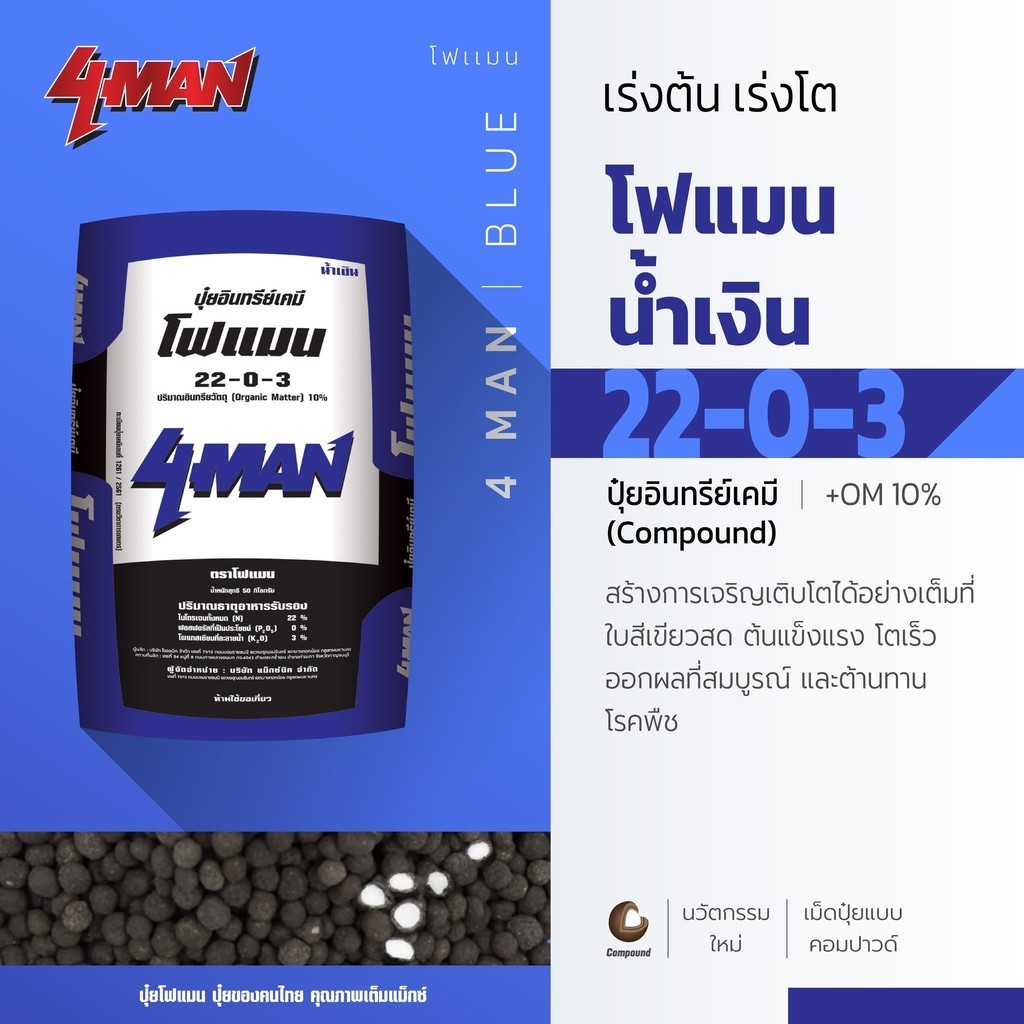 ปุ๋ยโฟแมนน้ำเงิน 22-0-3 + OM10%  อินทรีย์เคมี ช่วยบำรุงต้น บำรุงใบ  (แบ่งขาย) โฟแมน