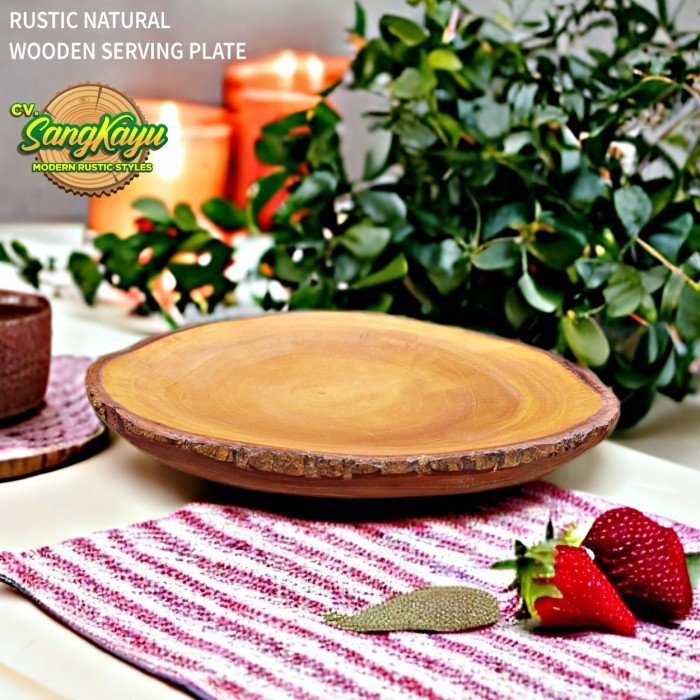 Kayu Wood Plate 17-19 cm พร้อมเปลือกไม้ธรรมชาติที่ไม่ซ้ําใคร ถาดขอบหนัง - 7 - 8 cm