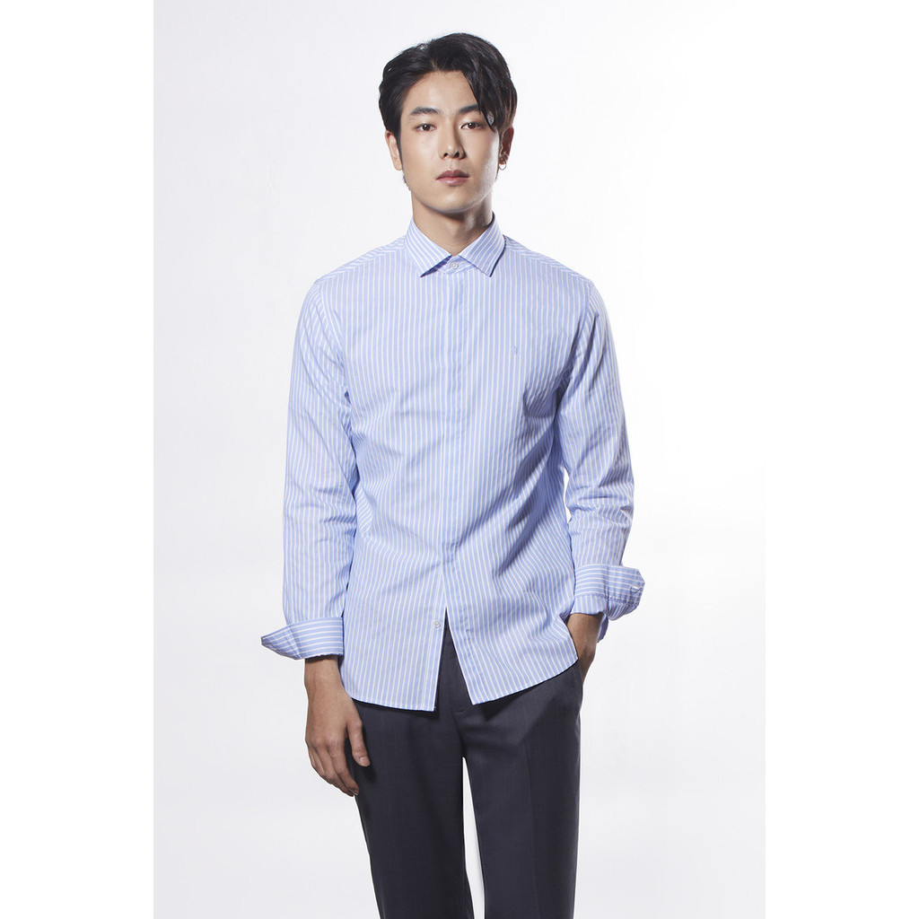 LTD เสื้อเชิ้ตลายทางทรงสลิม ผู้ชาย สีฟ้า | Slim Fit Stripe Shirt | 03458
