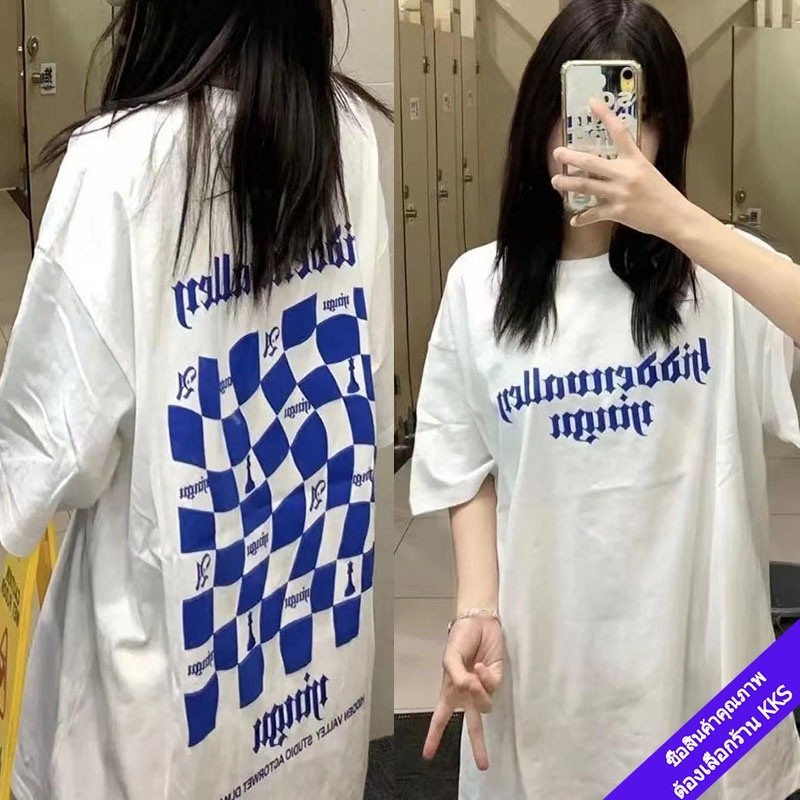 [ส่งจากโรงงาน]ออก24ชั่วโมง Angle House เสื้อโอเวอร์ไซส์สีขาวผู้หญิง คอกลม สตรีท เสื้อยืดลายการ์ตูนไซส์ใหญ่ เสื้อวินเทจ