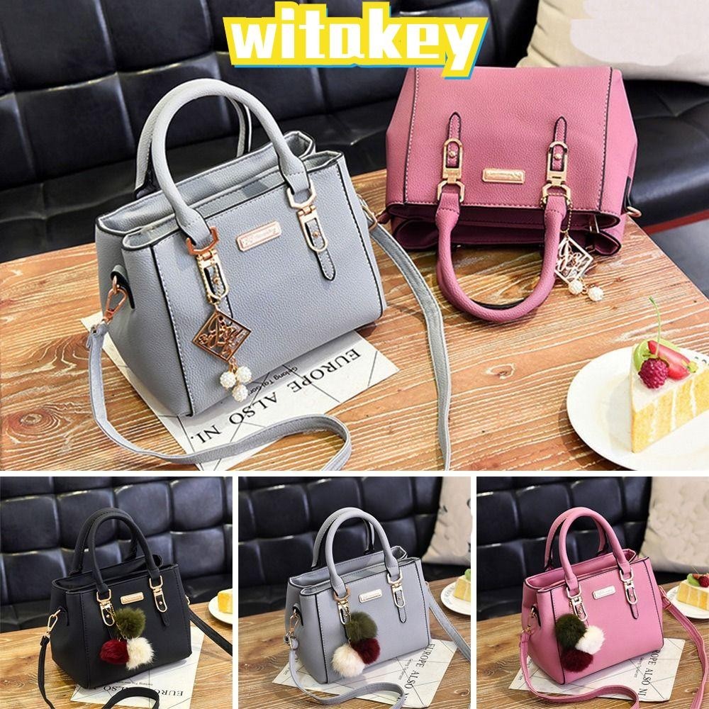 Witakey กระเป๋าสะพายข้าง หนัง PU ลายนูน พร้อมจี้ กระเป๋าสะพายไหล่ กระเป๋าถือ สีพื้น แฟชั่นสําหรับสตรี ความจุขนาดใหญ่