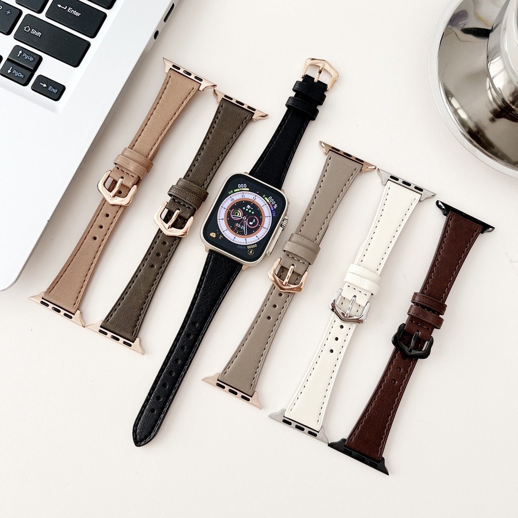 สายนาฬิกาข้อมือหนังแท้ หัวเข็มขัดโลหะ ขนาดเล็ก สําหรับ Apple Watch 9 8 7 SE 6 5 4 3 2 1 Ultra2