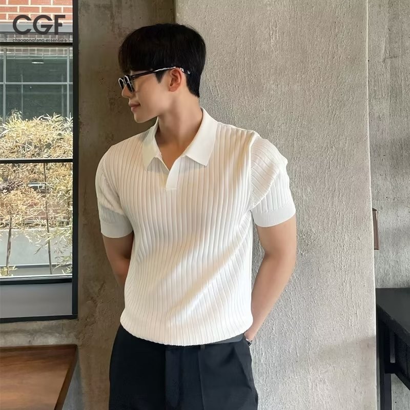 Chaogongfang เสื้อยืดแขนสั้น คอปกโปโล ผ้าถัก สีพื้น หรูหรา สไตล์เกาหลี สําหรับผู้ชาย