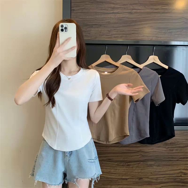เจเสื้อยืดกระชับสัดส่วนผู้หญิง ความเรียบง่ายสบายๆพื้นฐานแขนสั้น โอ-คอ ท็อปส์ซู สําหรับผู้หญิง จฮ