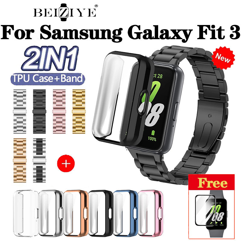 2in1 สายโลหะ + เคส สําหรับ Samsung Galaxy Fit 3 Smart Watch สายนาฬิกาข้อมือสเตนเลส พร้อมตัวป้องกันหน้าจอ TPU Samsung Galaxy Fit 3 สายนาฬิกาข้อมือ