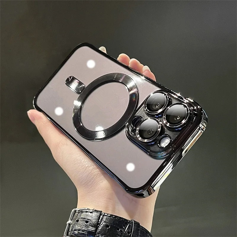 เคสโทรศัพท์มือถือ ซิลิโคนนุ่ม ใส กันกระแทก แม่เหล็ก หรูหรา สําหรับ iPhone 11 12 13 14 15 Pro Max Plus