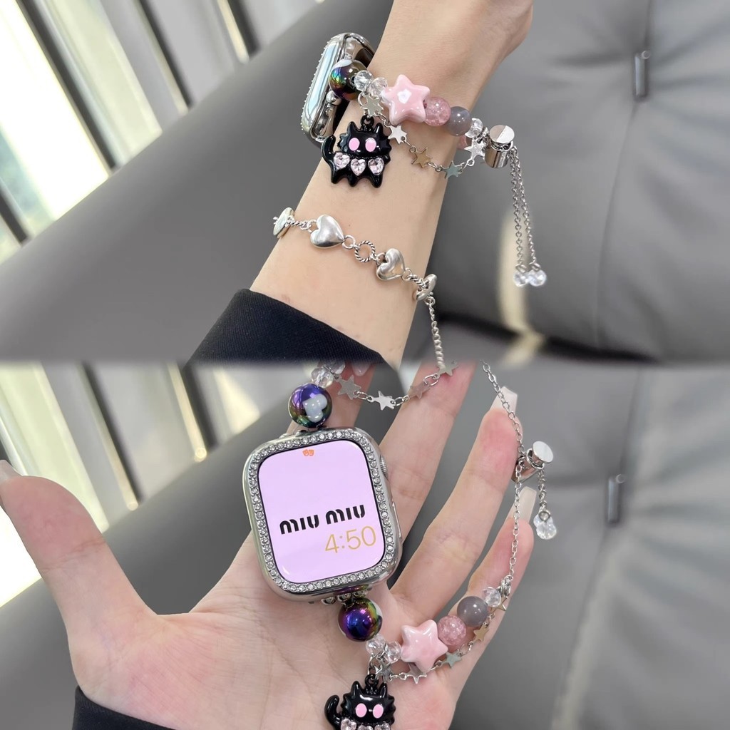สายนาฬิกาข้อมือโลหะ ลายแมวน่ารัก ยืดหดได้ สําหรับ Apple Watch iwatch8 applewatch7