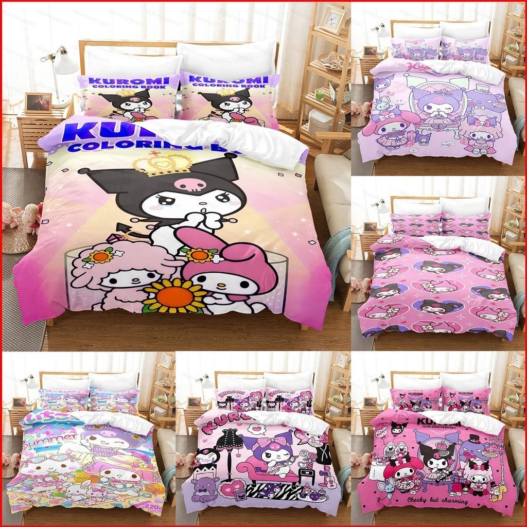 H1 Kuromi ชุดเครื่องนอน ผ้าปูที่นอน ปลอกหมอน ผ้าห่ม ซักทําความสะอาดได้ 3IN1