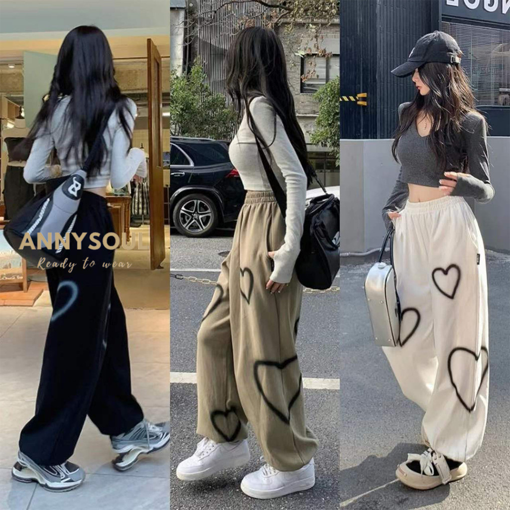 กางเกงขายาวทรงหลวม สไตล์เกาหลี เอวยางยืด เเต่งลายหัวใจ ใส่สบาย