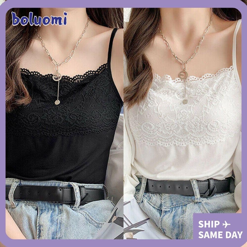 Boluomi เสื้อกล้าม เสื้อยืด แขนกุด ลูกไม้ เรียบง่าย