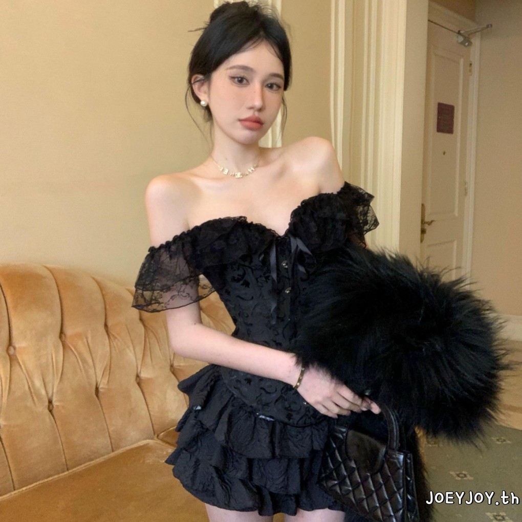 Joeyjoy-เสื้อรัดรูปคอปาดผูกแขนสั้นสำหรับผู้หญิง