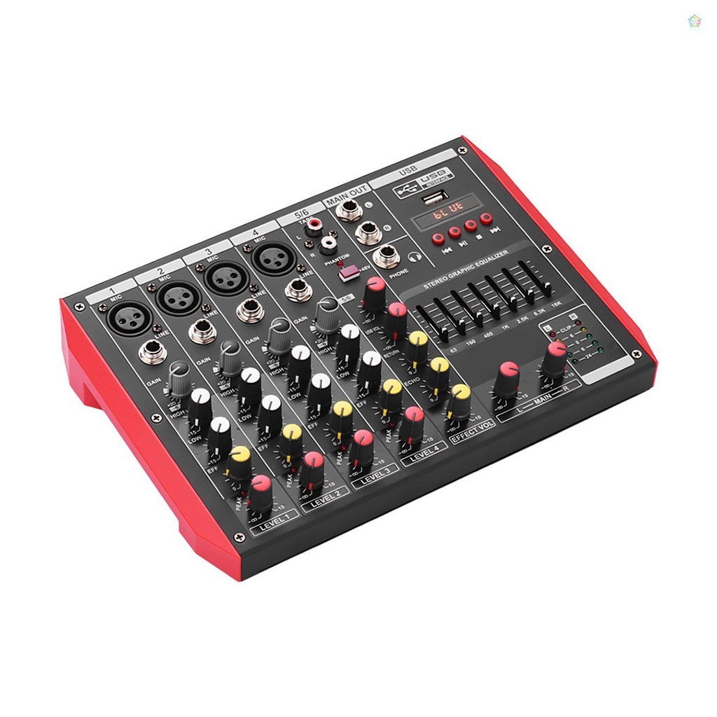 เครื่องผสมคอนโซล D6 แบบพกพา 6 ช่อง 7-band EQ ในตัว 48V รองรับการเชื่อมต่อบลูทูธ USB เครื่องเล่น MP3 สําหรับบันทึกเสียงเพลง DJ เครือข่าย ถ่ายทอดสด คาราโอเกะ