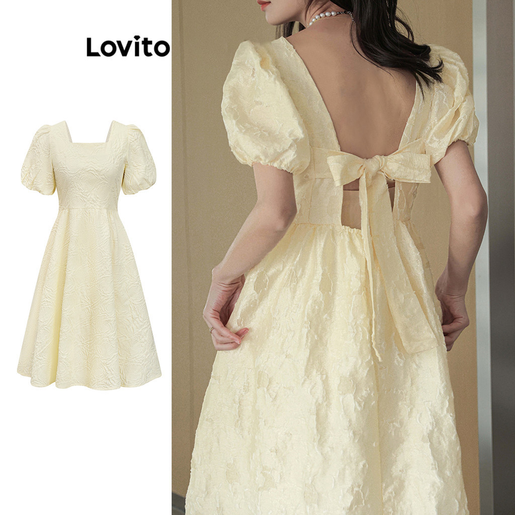 Lovito ชุดเดรสผู้หญิง แต่งจีบ ผูกโบว์หลัง สีพื้น สไตล์ลำลอง L80ED272