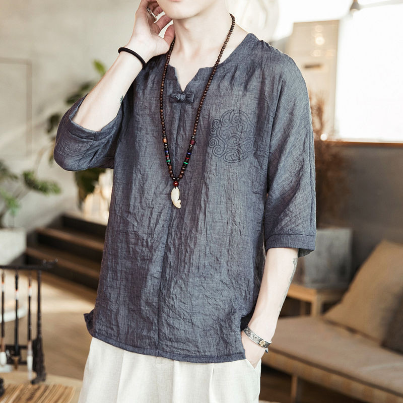 เสื้อยืดแขนสั้น คอวี ผ้าลินิน แบบบาง ทรงหลวม ขนาดใหญ่ แฟชั่นฤดูร้อน สไตล์จีน สําหรับผู้ชาย