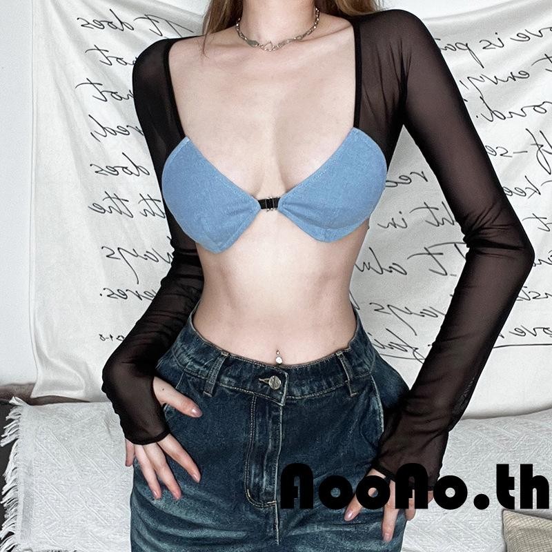 Aooao-เสื้อยืดผู้หญิงแขนยาวตัดต่ำเปลือยคอนทราสต์สีเย็บปะติดปะต่อพืชยอดนิยม