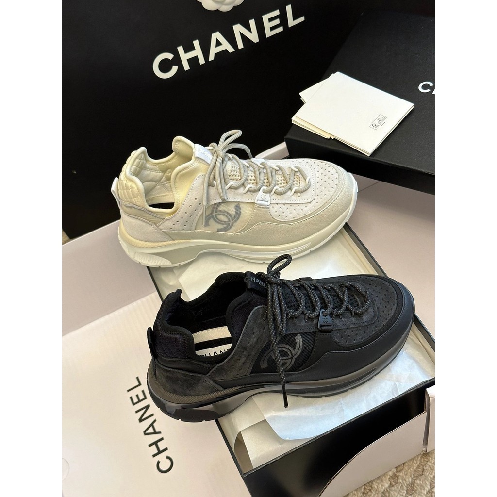 [AAA] Ch @ el Chanel 2024 รองเท้าผ้าใบแพลตฟอร์ม แบบผูกเชือก พื้นหนา สีขาว สีดํา สําหรับผู้หญิง