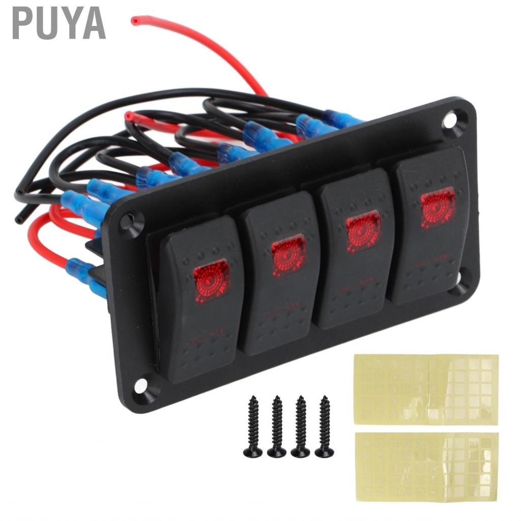 Puya 4 Gang Rocker Switch Panel Prewired Anti Corrosion DC12V 24V 20A 10A Car Red Lighting PP Aluminum with Sticker for