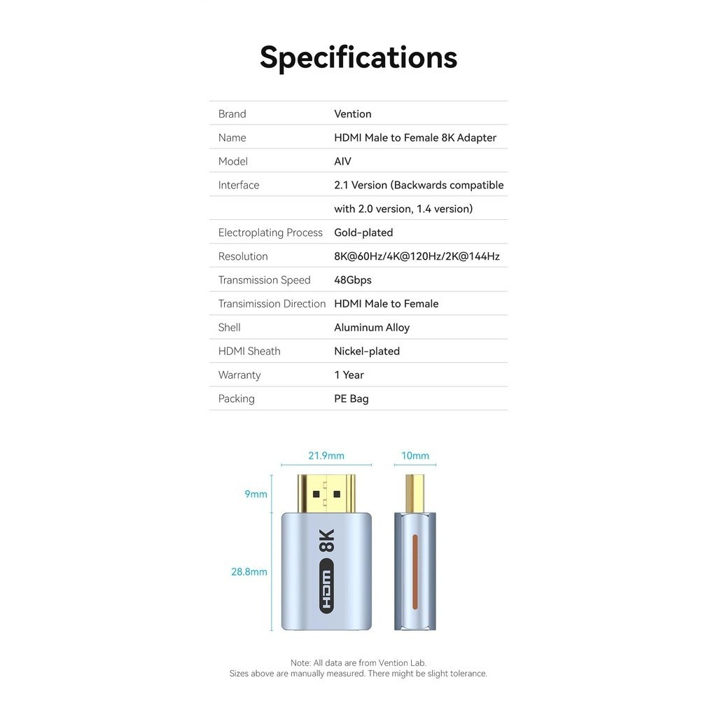 Vention HDMI คัปเปลอร์ 8K 60Hz ตัวผู้ เป็นตัวเมีย เชื่อมต่อสายเคเบิล สําหรับจอมอนิเตอร์ PS5 Roku Stick HD 2.1 8K