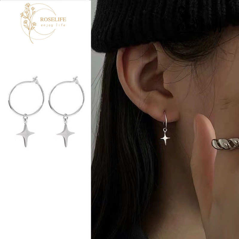 Roselife 1 คู่แฟชั่น Silver Star จี้รอบ Hoop ต่างหูสําหรับผู้หญิงสาวเกาหลีแฟชั่นเครื่องประดับหู