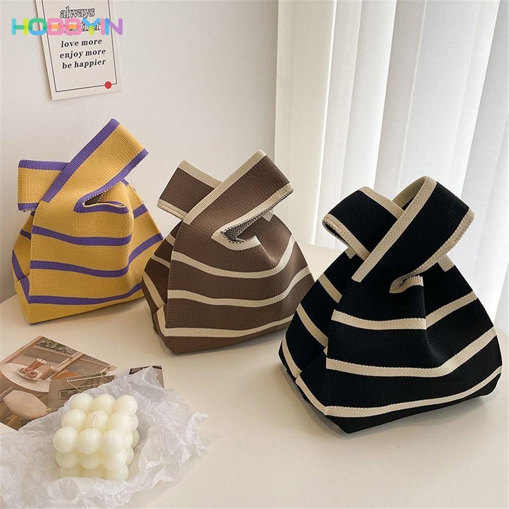 HOBBYIN Knit Handbag Reusable Casual Wide Stripe Handmade Plaid Tote Bag