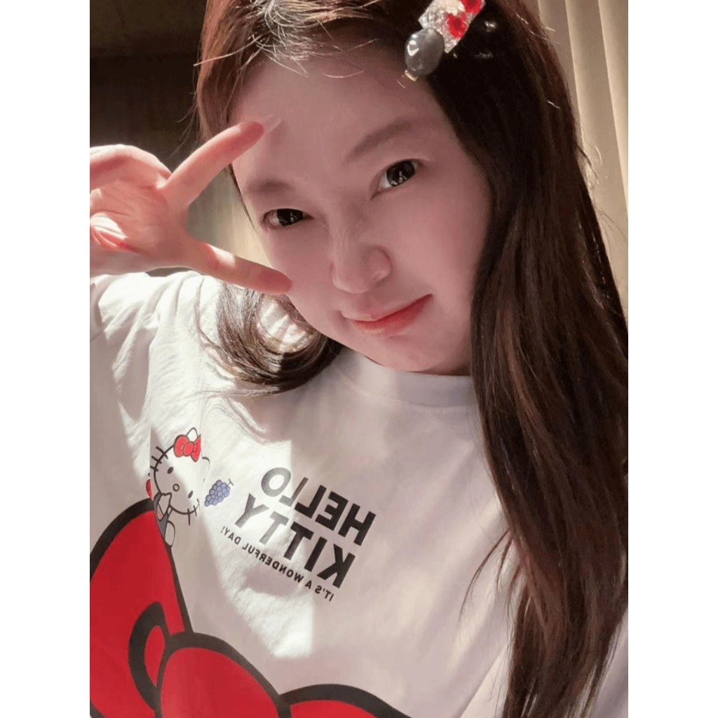 (จัดส่งตลอด 24 ชั่วโมง）OOOK Official เกาหลีฤดูร้อนใหม่น่ารักขนาดใหญ่คิตตี้พิมพ์ลดอายุหลวมเสื้อยืดแขนสั้นสีขาวผู้หญิง - รูปที่ 5