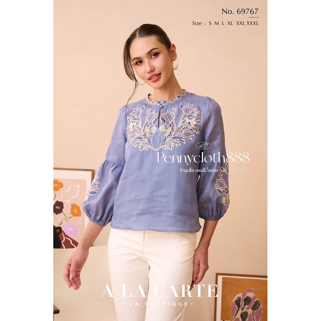 69767 เสื้อ A La Carte ลินินแท้ งานปักฉลุลูกไม้ มีซับใน คอกลม แขน 3 ส่วน by PENNY CLOTH 888