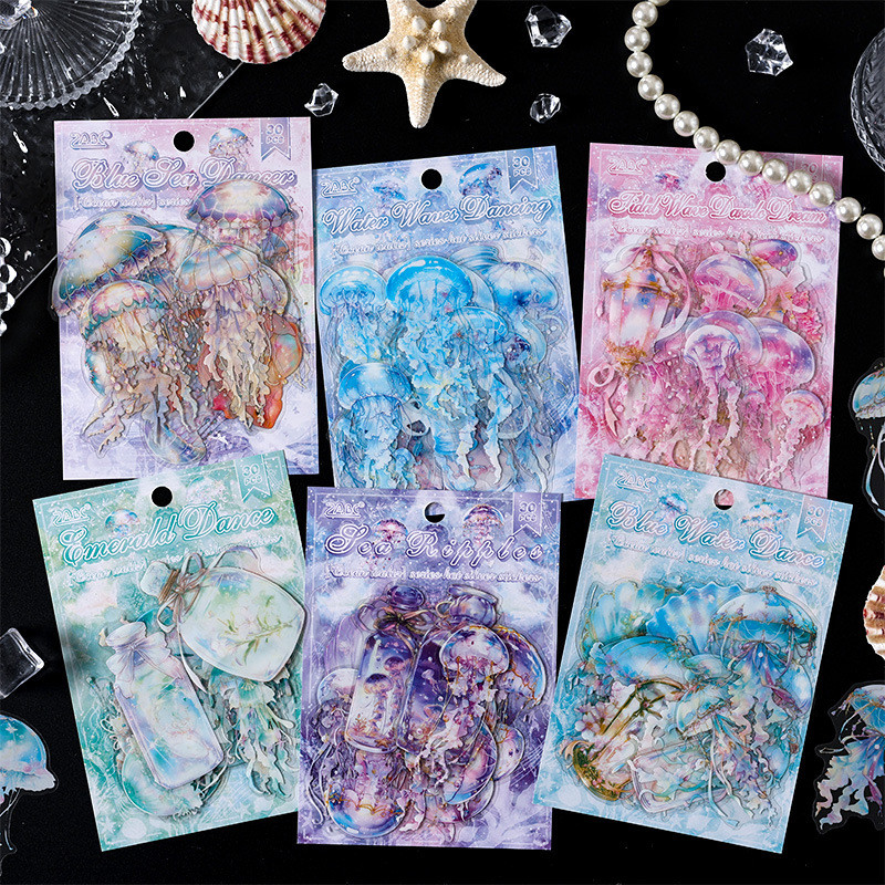 Journamm 30PCS แมงกะพรุนบัญชีมือสติกเกอร์แพ็ค PET สติกเกอร์แพคเกจ DIY ไดอารี่สติกเกอร์ตกแต่งอัลบั้ม Scrapbooking