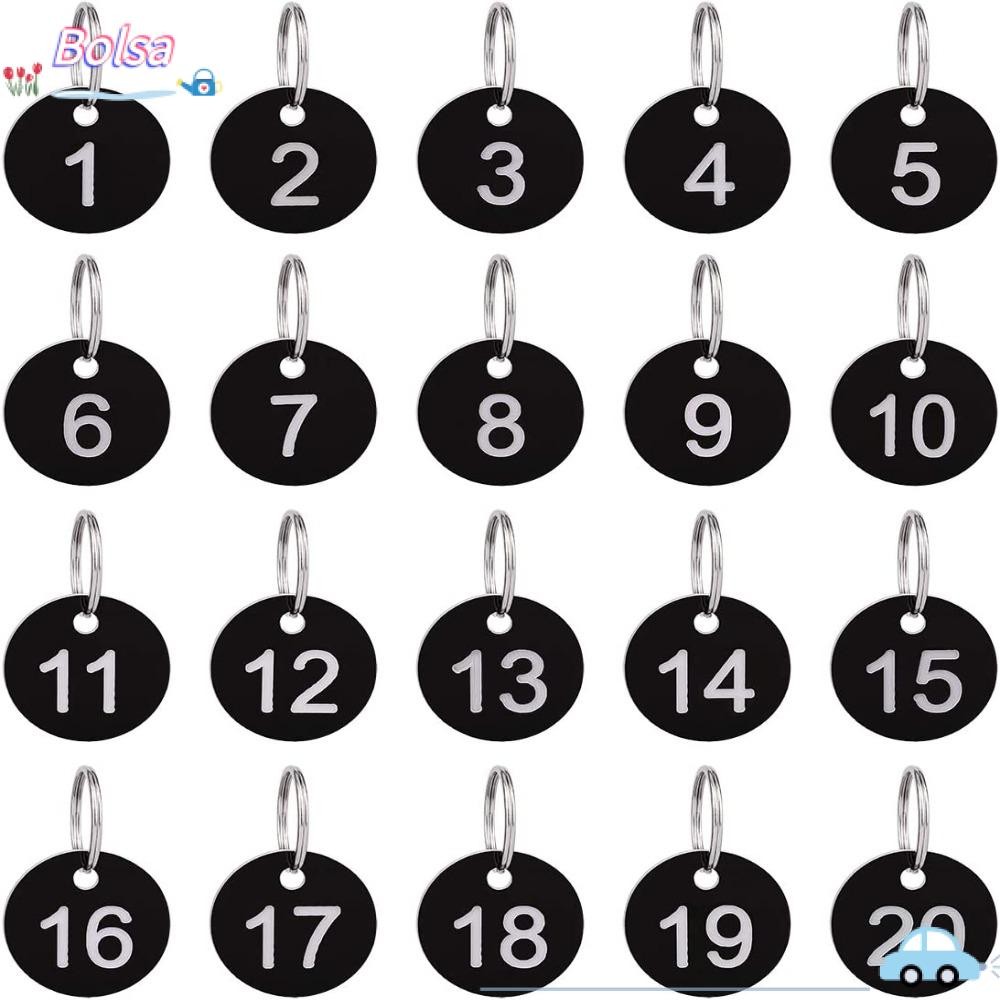 Bolsa 20 Pack Numbers Tags, 1-20 Black Round, Teacher 35mm Numbered Keychains Office