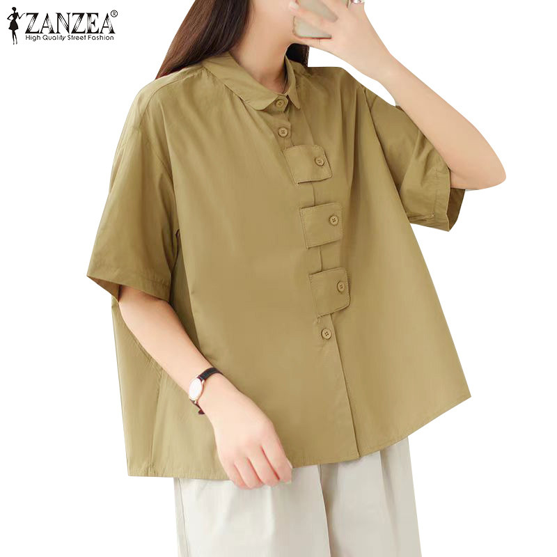 Zanzea ผู้หญิงเกาหลีปกเรียบง่ายสีทึบหลวมแขนสั้นตกแต่ง Placket เสื้อ