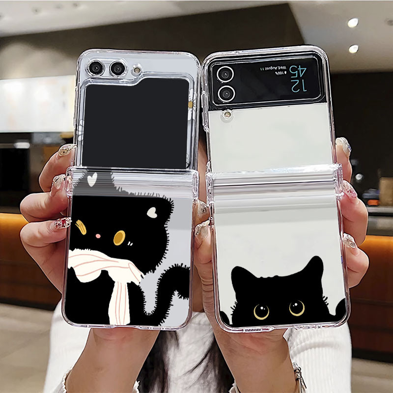 SAMSUNG สําหรับsamsung Galaxy Z Flip 6 5 4 3 5G F741B F731B F721B F711Bกรณีล้างพับเคสโทรศัพท์สําหรับSamsung Z Flip3 Flip4 Flip5 Flip6 ศิลปะสีดําแมว