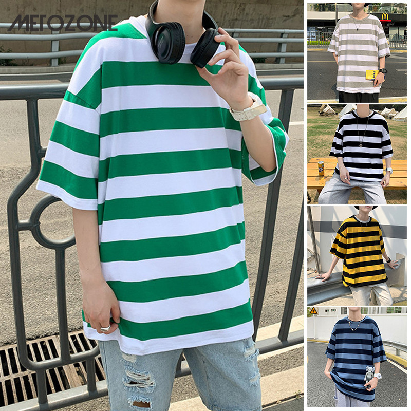 Metozone เสื้อยืดแขนสั้นลําลอง ลายทาง ทรงหลวม สไตล์เกาหลี แฟชั่นฤดูร้อน สําหรับนักเรียน