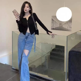 เสื้อครอปแขนยาว เว้าเอวเว้าอก โชว์เบาๆ แอบเซ็กซี่ แต่งซิปหน้าใช้งานได้จริง สไตล์เกาหลี