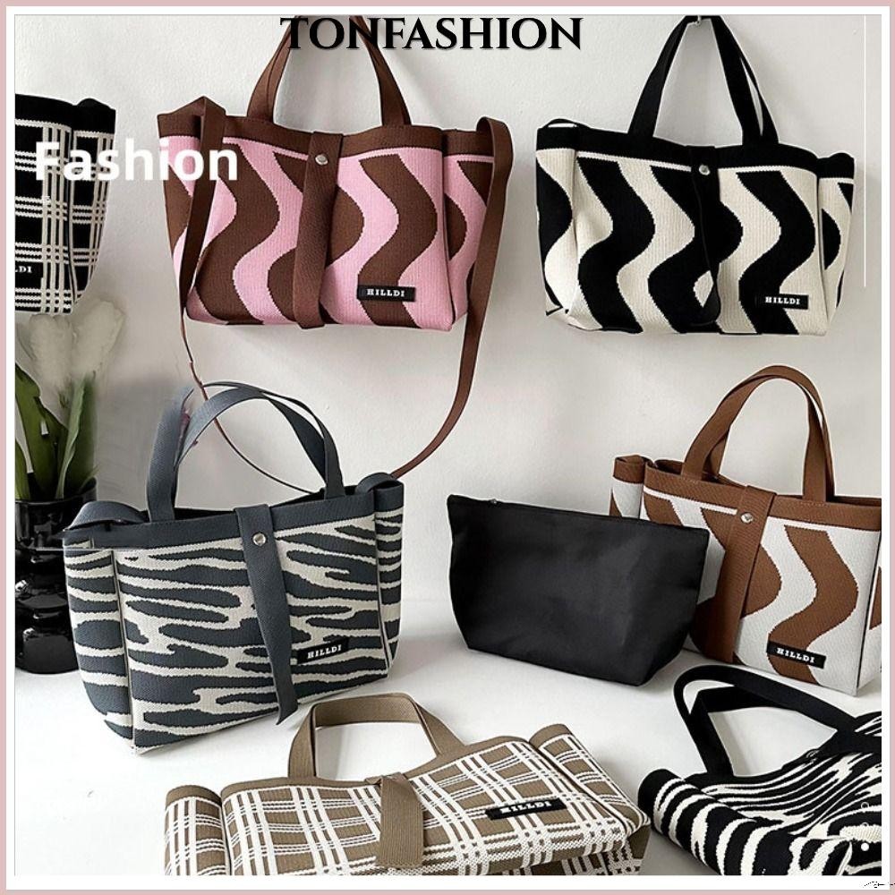 Tonfashion กระเป๋าสะพายไหล่ ผ้าถักนิตติ้ง ประดับเพชร ความจุสูง ใช้ซ้ําได้ สําหรับผู้หญิง