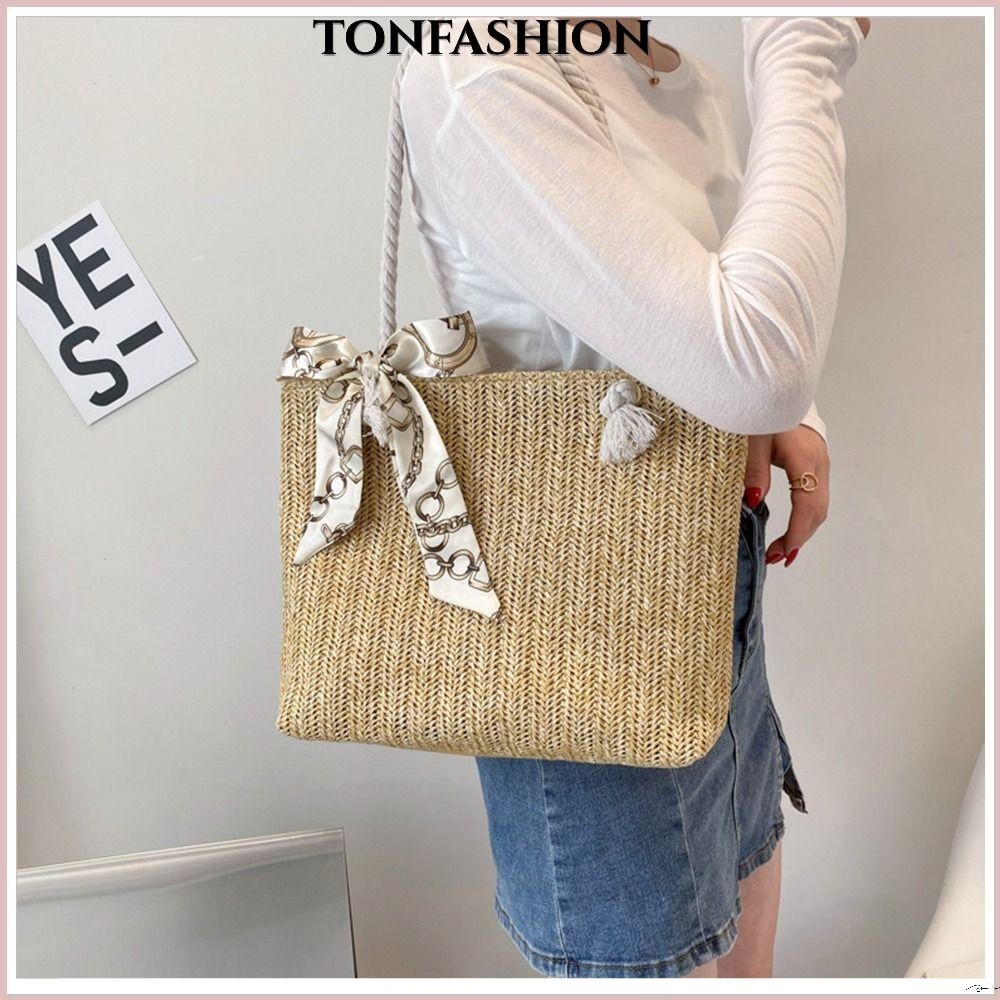 Tonfashion กระเป๋าสะพายไหล่ กระเป๋าถือถัก ทรงกลม หวายสาน สําหรับสตรี