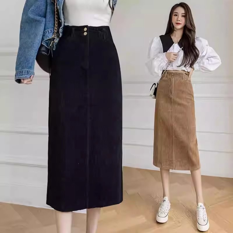 ccute  พร้อมส่ง  กระโปรงยาว เอวสูง เนื้อผ้าลูกฟูก เอวสม็อค งานผ่าหลัง