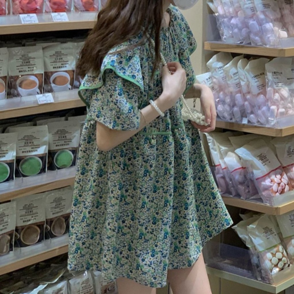 ชุดเดรสแขนตุ๊กตา ลายดอกไม้ ทรงหลวม ขนาดเล็ก สีเขียว แฟชั่นฤดูร้อน สําหรับผู้หญิง
