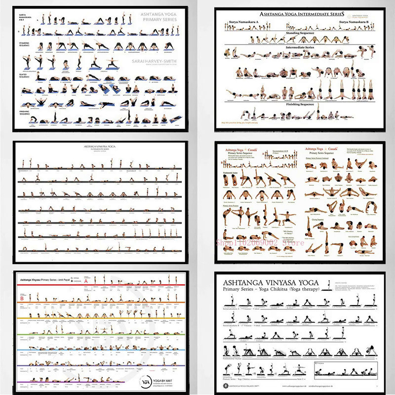 ออกกําลังกายที่บ้านยิมโยคะ Ashtanga แผนภูมิท่าทางสุขภาพผ้าใบภาพวาดโปสเตอร์และพิมพ์ภาพผนังศิลปะห้องนั่งเล่นตกแต่งบ้าน BMNZ