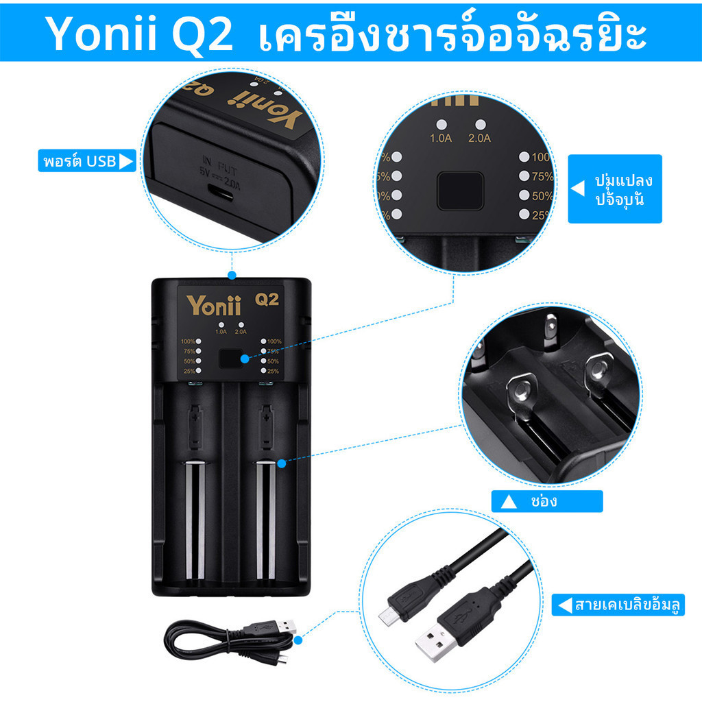 Yonii Q2 AA/AAA Battery Charger เครื่องชาร์จถ่าน ที่ชาร์จถ่าน อุปกรณ์ชาร์จถ่าน 2 ช่อง ชาร์จไว Ni-Mh Ni-Cd