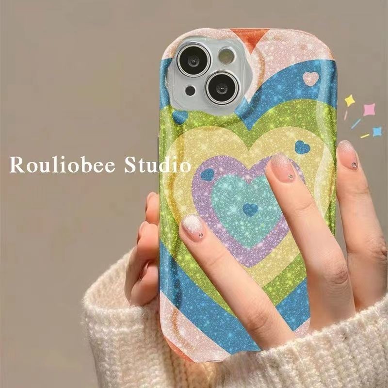 เคสโทรศัพท์มือถือซิลิโคน TPU กันกระแทก ป้องกันกล้อง ลายหัวใจ สีรุ้ง สําหรับ iPhone 15 14 promax 7 8 plus xr 11 12 pro xs max 13 15plus 6 6s